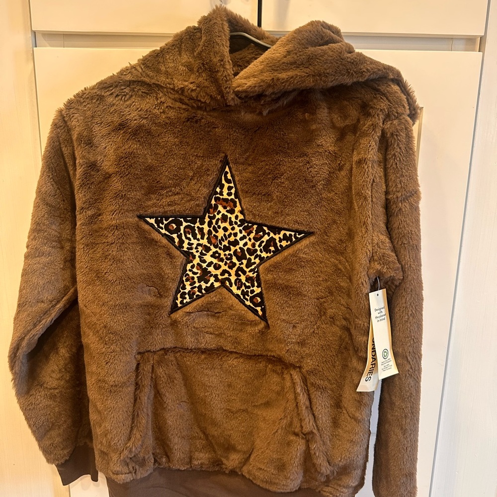 NWT No Boundaries Brown Fleece Hoodie with Leopard Accent